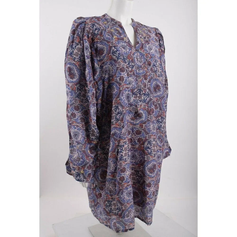 Chufy Womans Floral Ma Dress L Blue Lln Print Burma Puff sleeve Cotton Silk NWT
